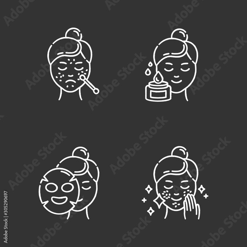 Skin care procedures chalk icons set. Spot treatment for blackheads. Problematic skin. Applying sheet cotton mask. Using beauty water. Cosmetics, makeup. Isolated vector chalkboard illustrations