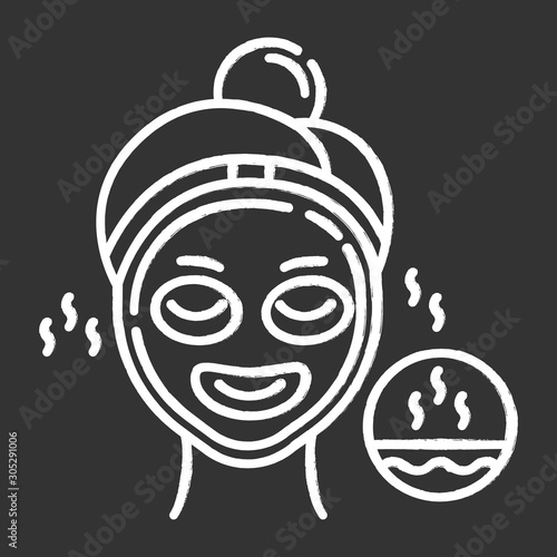 Using thermal mask chalk icon. Skin care procedure. Facial beauty treatment to open up pores. Face product for cleansing effect. Dermatology, cosmetics, makeup. Isolated vector chalkboard illustration