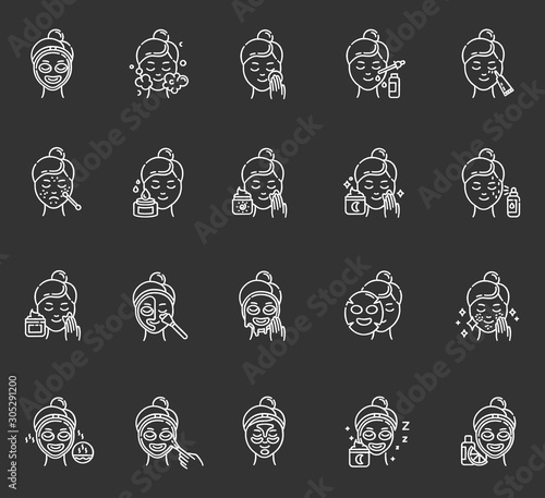 Skin care procedures chalk icons set. Using face cream. Liquid, sheet, peel-off mask. Beauty products. Night time routine. Spot treatment. Vitamin C serum. Isolated vector chalkboard illustrations