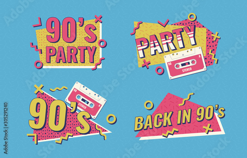 Retro poster. Nineties music, vintage tape cassette. 90s poster. Nineties Party.
