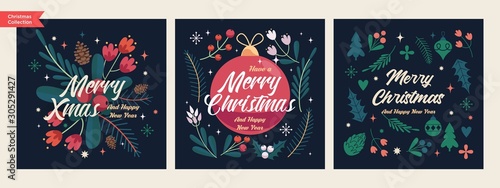 Set of Christmas and Happy New Year Floral Card templates. Trendy retro style. Vector design element.