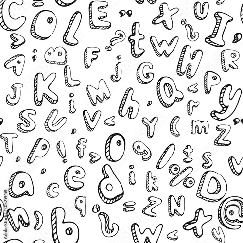 Hand drawn alphabet letters with shadows. Vector seamless pattern on white background. Background, adc texture © Oleksandra