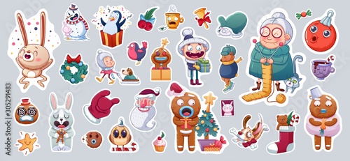 Set of Merry Christmas and Happy New Year stickers or magnets. Festive souvenirs.