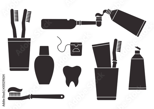 Toothpaste and toothbrush. Oral care and hygiene, dentistry and tooth cleaning. Black silhouettes isolated on white background. Vector illustration