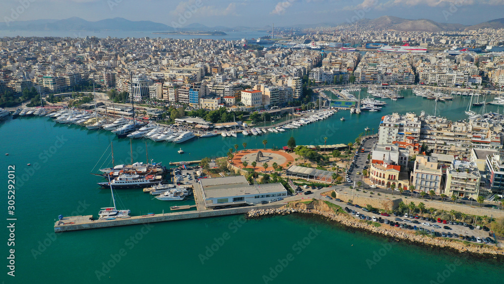 Aerial drone photo of iconic round port of Marina Zeas or Pasalimani with boats, yachts and sail boats docked, port of Pireas , Attica, Greece