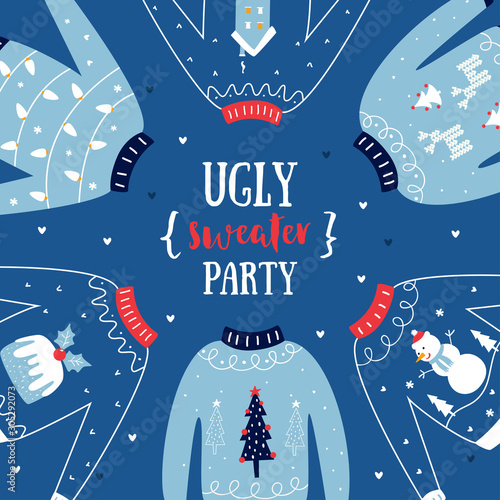 Ugly Sweater Christmas or New Year Party Invitation Vector Card