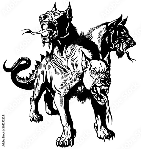 Cerberus hellhound Mythological three headed dog the guard of entrance to hell. Hound of Hades. Isolated tattoo style black and white vector illustration