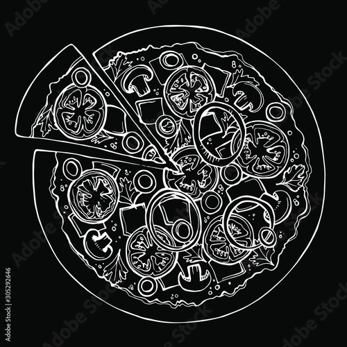 Pizza vector sketch. Hand drawn white illustration on black background. Fast food. 