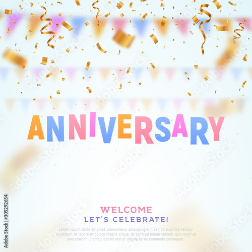 Anniversary colorful paper word and falling down confetti vector banner. Birthday vector banner template on light background