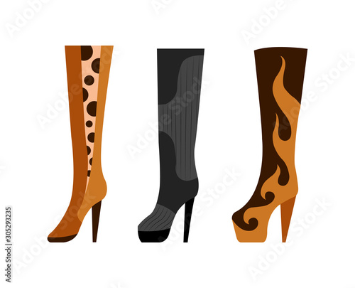 Set with different types of trend womens shoes. Color decorative design. Use for advertising shoe store or website. Flat vector illustration