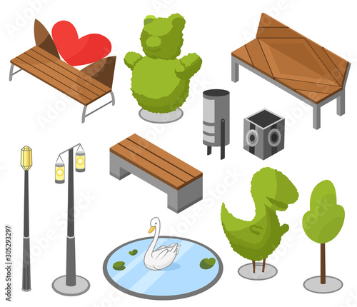 Set of objects city park with architecture, landscape garden isometric vector. Trees, fences, monuments, fountain, pond, swan lake, children playground, recreation park, city constructor