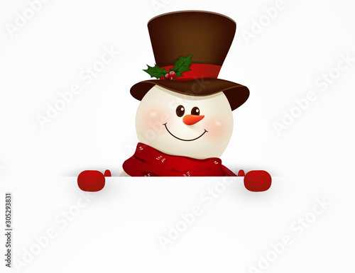 Happy smiling snowman standing behind a blank sign showing on big blank sign. vector illustration.