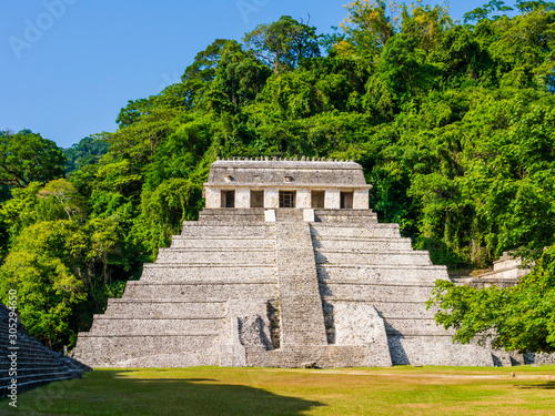 Stunning view of Temple of Inscriptions, Palenque archaeological site, Chiapas, Mexico photo
