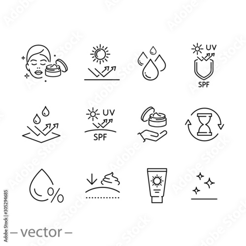 care skin icon set, sunscreen safeing for uv and water, cleansing and moisturizing, face mask, elasticity skin covering, thin line symbol - editable stroke vector illustration eps10