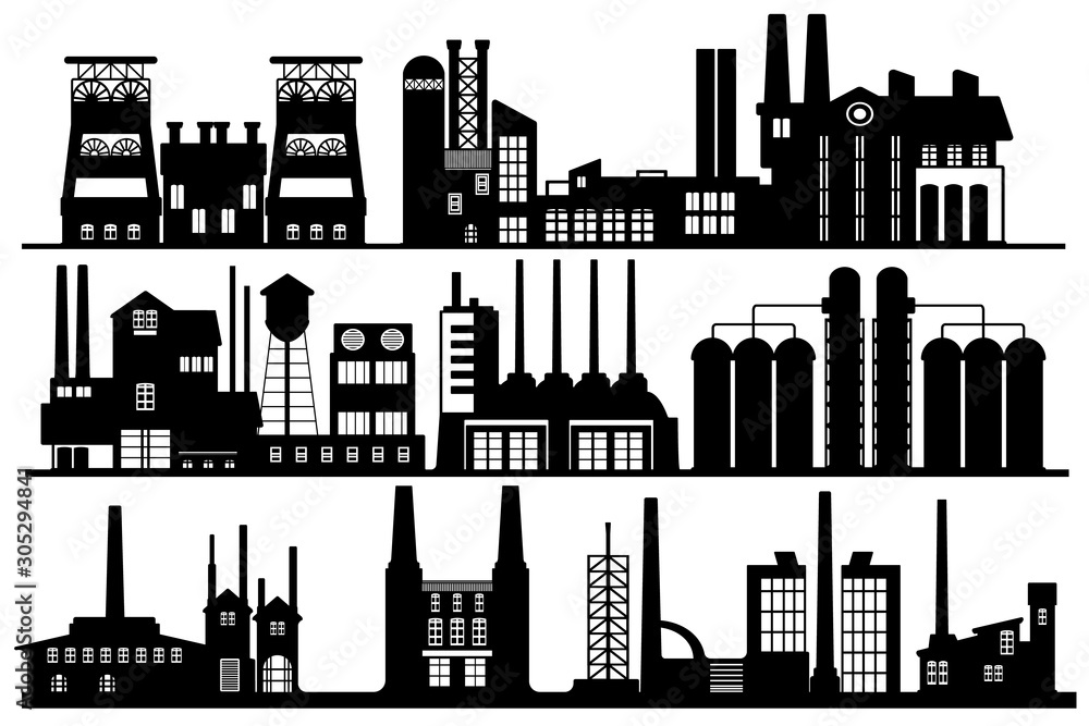 Abstract industrial panorama background, black and white silhouette.  Vector line art illustration featuring  industrial landscape with mines and factories.