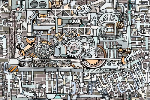 Abstract vector seamless pattern. Factory or steampunk decorative background with hand-drawn sketch elements featuring fantasy industrial pipes, gearwheels and machines. 