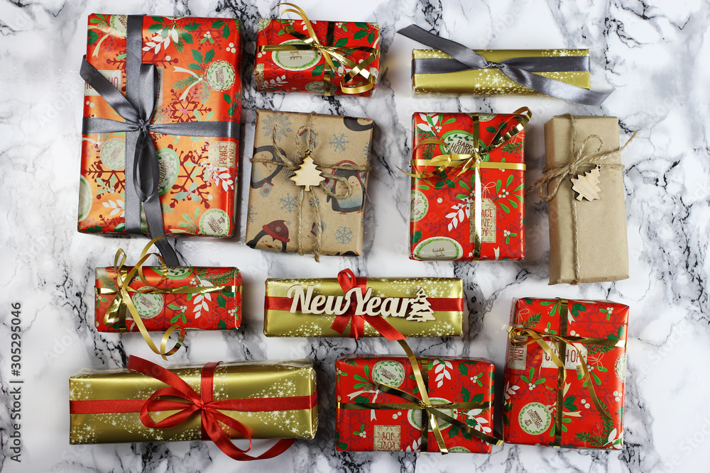Christmas gifts, Packed in colorful paper with ribbon
