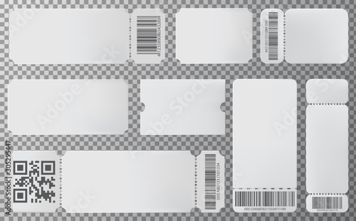 Empty ticket template for movie, concert, showing, sports, party, circus. Set of blank ticket mockup template. Realistic White paper coupon. Vector admit ticket with barcode, QR code.