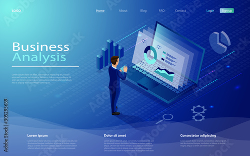 Digital marketing design concept with laptop, businessman and tablet. Business analysis concept with character. Isometric concept business analysis, content strategy, data analysis and management