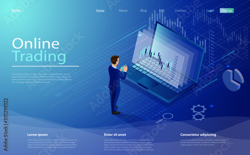 Online trading on stock exchange at home isometric composition with laptop, businessman, tablet, vector. Digital money market, investment, finance trading. Isometric concept stock exchang and trader