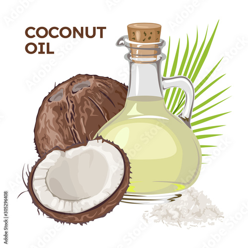 Vector coconut  with coconut oil in glass bottle. Whole and pieces. Illustration in flat style isolated on white background. Skin care concept.