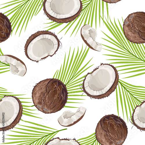 Seamless pattern with coconut and palm leaves isolated on white background. Whole coconut and piece. Vector illustration in cartoon flat style.