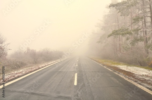 Straight empty wet asphalt road during foggy conditions