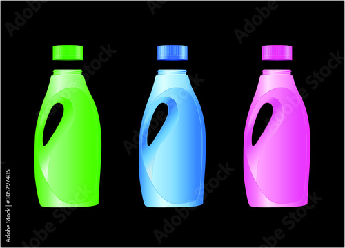 illustration vectorielle 3D de trois bidons en plastiques pour des produits ménager aux couleurs fluorescentes, vert, bleu, et rose sur un fond noir.