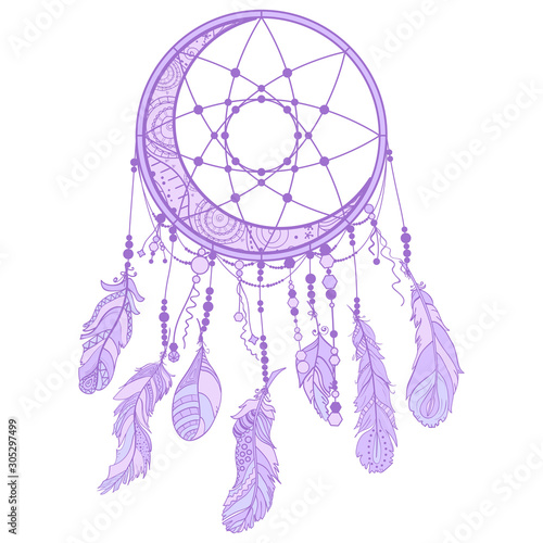 Hand drawn colored dreamcatcher on white. Abstract mystic symbol
