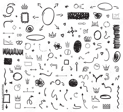 Hand drawn infographic elements on white. Abstract arrows. Line art. Set of different signs and shapes. Black and white illustration. Doodles for your work