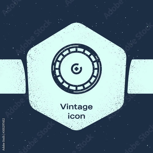 Grunge line Casino roulette wheel icon isolated on blue background. Monochrome vintage drawing. Vector Illustration