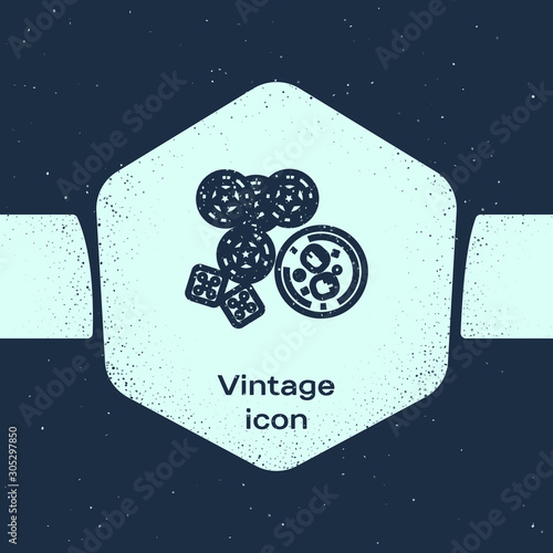 Grunge line Casino chips, game dice and glass of whiskey with ice cubes icon isolated on blue background. Casino poker. Monochrome vintage drawing. Vector Illustration
