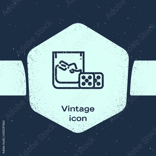 Grunge line Game dice and glass of whiskey with ice cubes icon isolated on blue background. Casino gambling. Monochrome vintage drawing. Vector Illustration