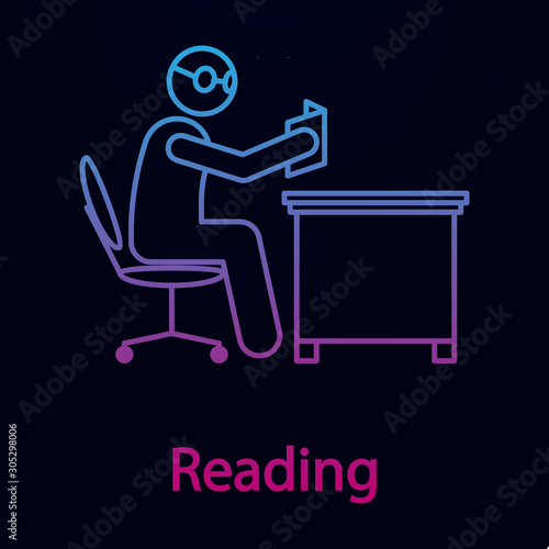 Worker is reading nolan icon. Simple thin line, outline vector of man in the office in fron of computer icons for ui and ux, website or mobile application