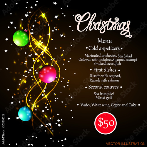 Blank Festive Menu. Advertising Banner for Christmas Menu. Background with approximate christmas menu. Festive template. Vector Illustration.