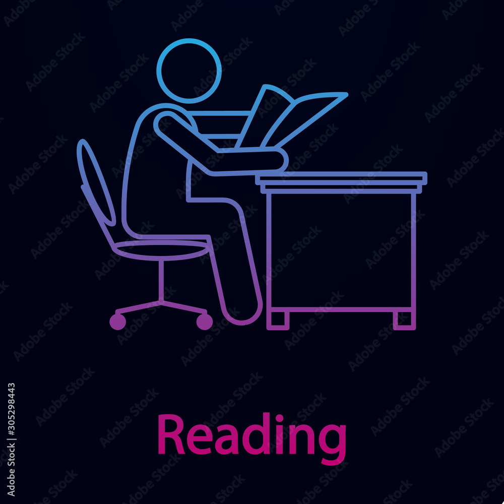 Worker is reading nolan icon. Simple thin line, outline vector of man in the office in fron of computer icons for ui and ux, website or mobile application