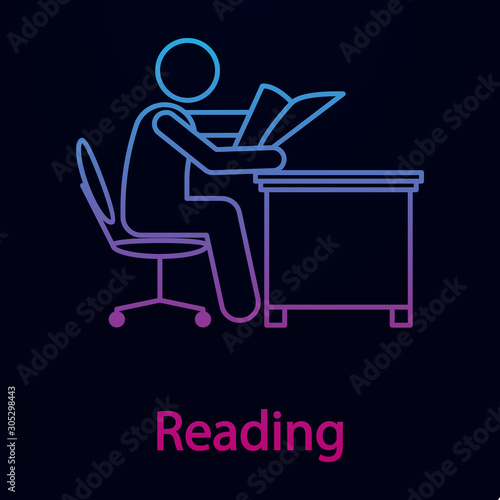 Worker is reading nolan icon. Simple thin line, outline vector of man in the office in fron of computer icons for ui and ux, website or mobile application
