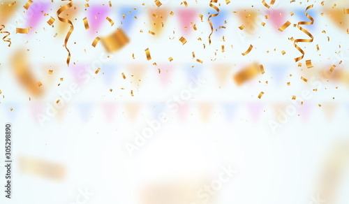 Golden flying blur confetti on light background . Falling down ticker tapes with blurred motion effect vector illustration.