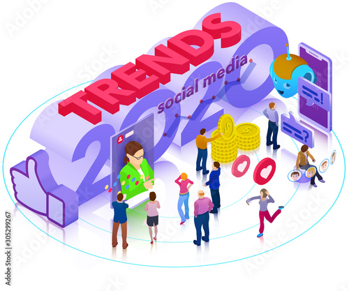 Trends in social media 2020. Chatbot, video broadcast, stories, SMM promotion, online analytics. People in social network. Inspiration concept template layout, diagram. Flat 3d isometric banner.