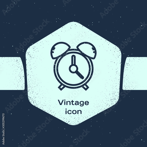 Grunge line Alarm clock icon isolated on blue background. Wake up, get up concept. Time sign. Monochrome vintage drawing. Vector Illustration