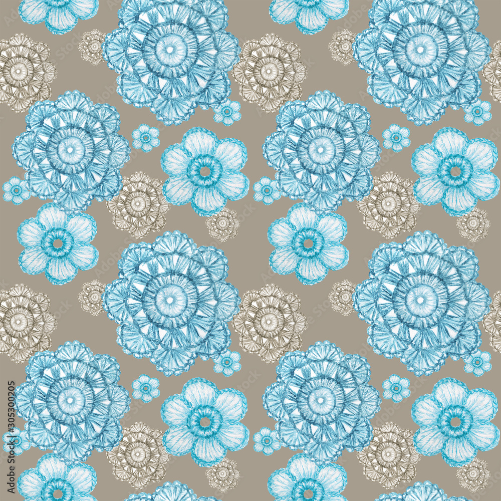 Watercolor Seamless pattern Hobby Crochet flower. Collection of hand drawn light blue, gray colors flowers elements of Crocheting and knitting on gray background