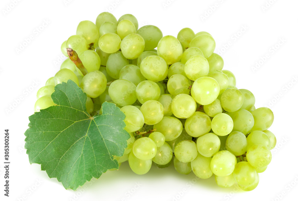 Green grape with leaves isolated on white. With clipping path. Full depth of field. Green grape with leaves isolated on white. With clipping path. Full depth of field.