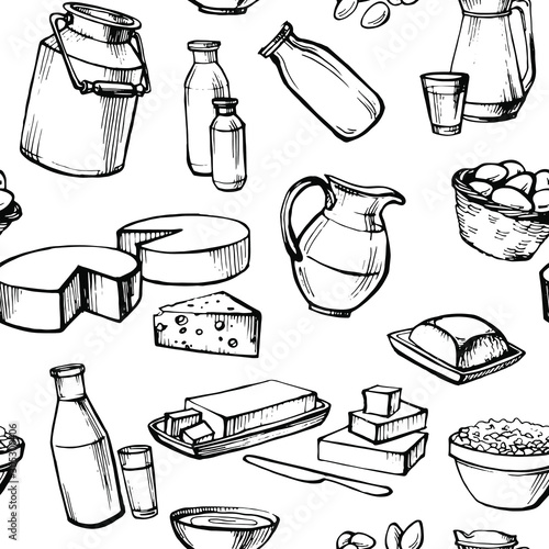 Seamless background. Milk and farm product.Seamless pattern of hand drawn vector elements.