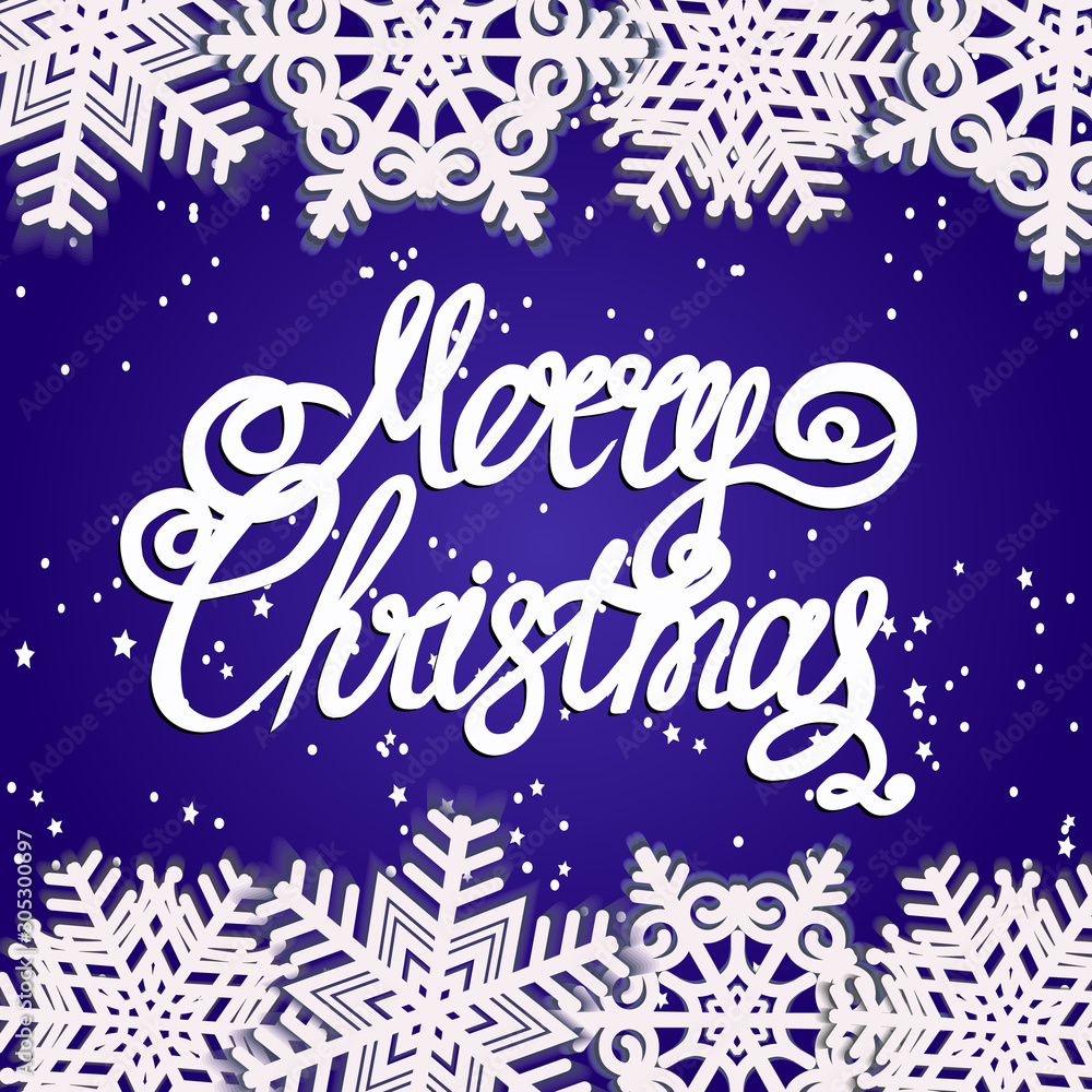 Merry Christmas background. Bright illustration with lettering and snowflakes. Illustration.