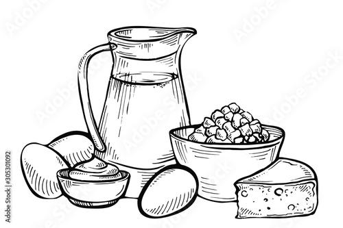 Sketch of dairy products. Milk and farm product. Set of hand drawn vector elements