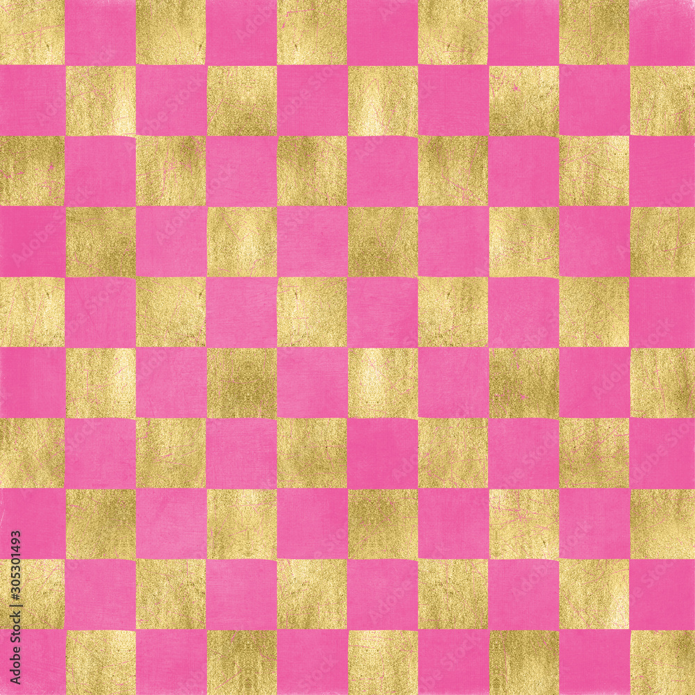 Bright pink and gold foil checkerboard pattern Bright pink and gold foil checkerboard pattern