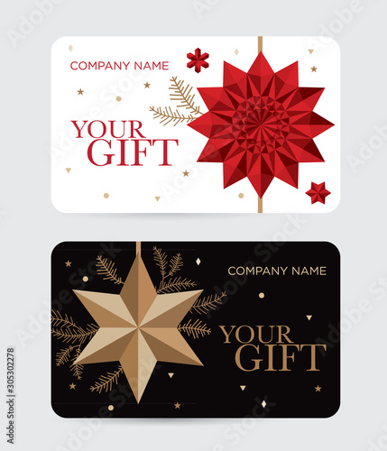 Set of christmas gift cards. Christmas template with geometric snowflake and star on a white and black background. Vector illustration of gold stars, snowflake, branches of a Christmas tree 