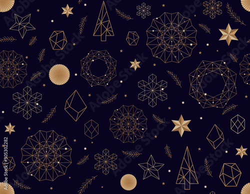 Abstract New Year pattern. Golden christmas snowflake on dark blue background. Seamless ornament for decor, wallpaper, gift paper and design of New Year's souvenirs