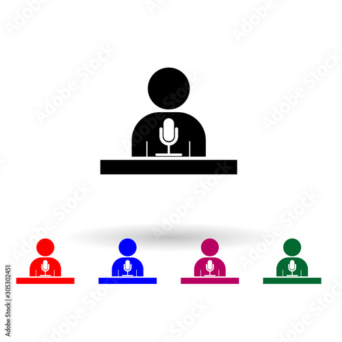 Man standing with podium and microphones multi color icon. Simple glyph, flat vector of media icons for ui and ux, website or mobile application