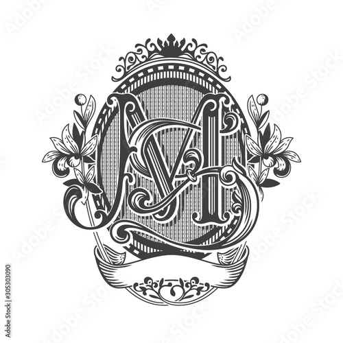 Stylish Victorian Ornament Heraldry Oval Monogram M S Letters Frame